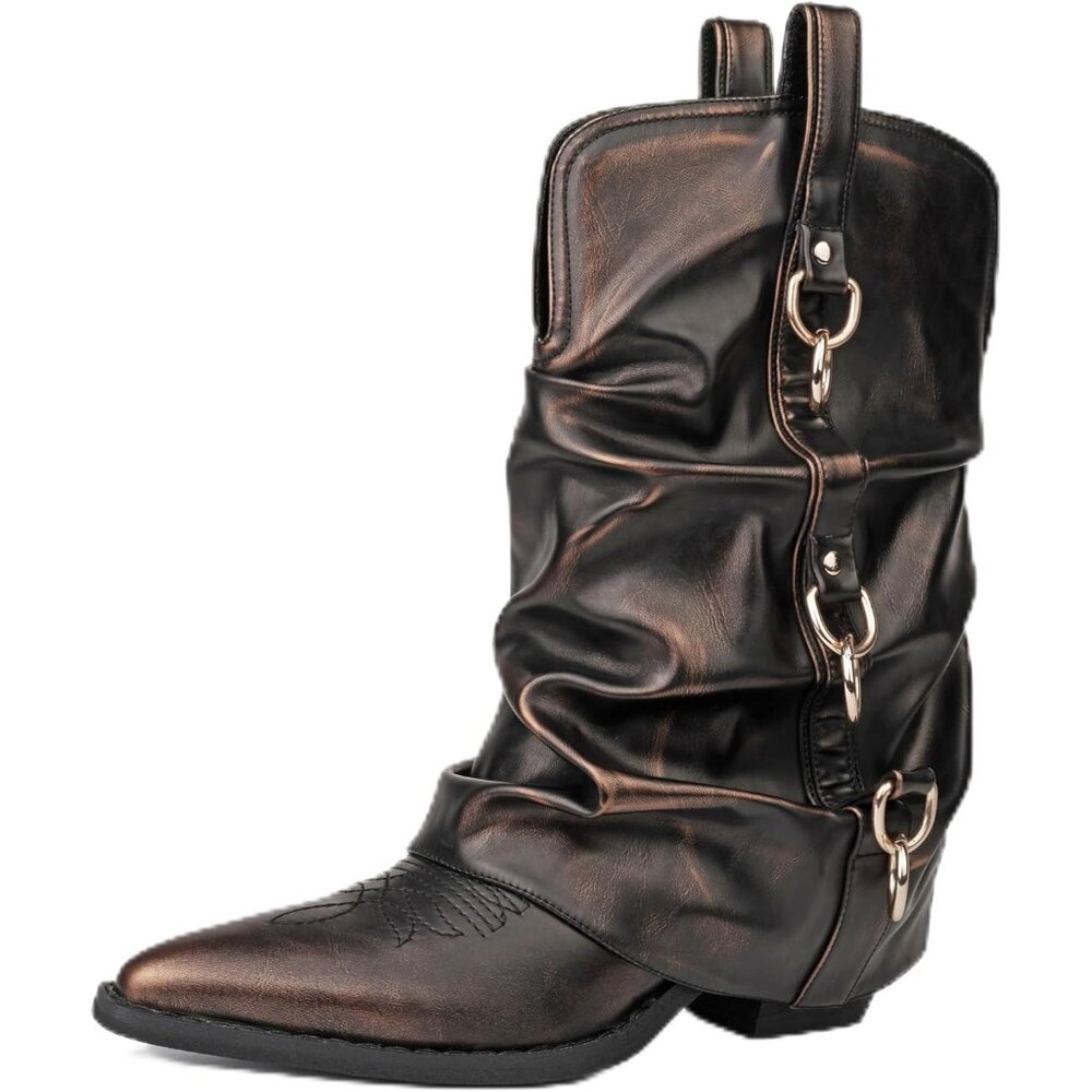 Women Retro Gold Rubber Chunky Heels Mid Calf Western Boots Vintage Retro